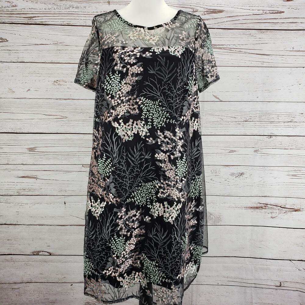 Lane Bryant New Black Floral Embroidered Mesh Overlay Evening Dress Size 10/12